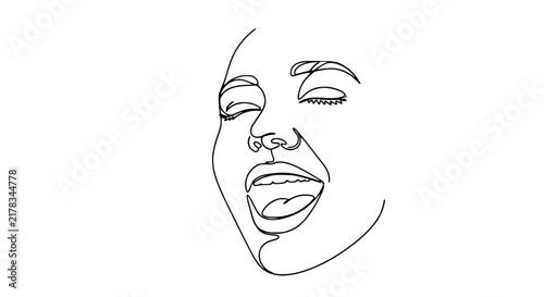 Continuous line drawing of a woman's joyful face, open mouth, closed eyes
