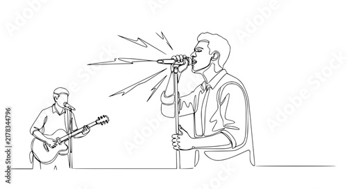 Singer Performing with Guitarist, Continuous Line Art, Isolated on White