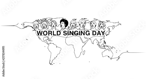 World Singing Day concept: Diverse people singing on world map illustration, isolated