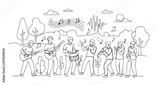 Diverse music band playing instruments outdoors, line art, transparent background