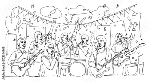 Live Music Band Performance with Confetti and Bunting - Line Art Isolated