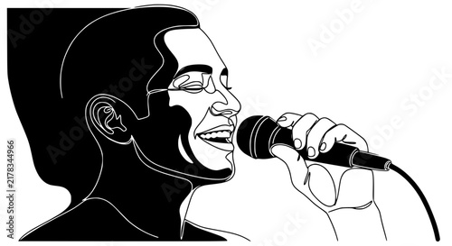 Singer with Microphone - Line Art Portrait, Black and White, Isolated