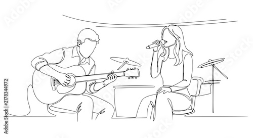 Musician Duo: Man Playing Guitar, Woman Singing with Microphone, Isolated Line Art