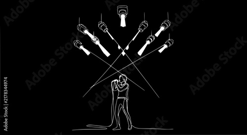Singer Performing Under Stage Lights, Minimalist Line Art, Isolated