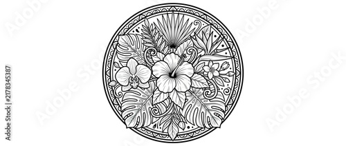 Tropical Floral Mandala Isolated Transparent Background Line Art