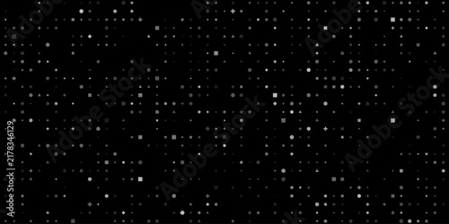 Structured abstract background, featuring a dense, grid of small, white geometric shapes, and symbols, including, circles and squares, arranged in a, repeating pattern on, a deep black, backdrop for