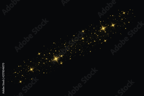 Golden dust sparks, and golden stars shine with special light. Sparkling magical dust particles. Christmas light effect. Eps vector art. 