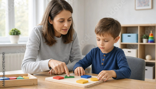 Teacher instructing little boy with wooden shape puzzles in classroom setting preschool learning educational puzzles wooden shapes child education learning activity teacher and student