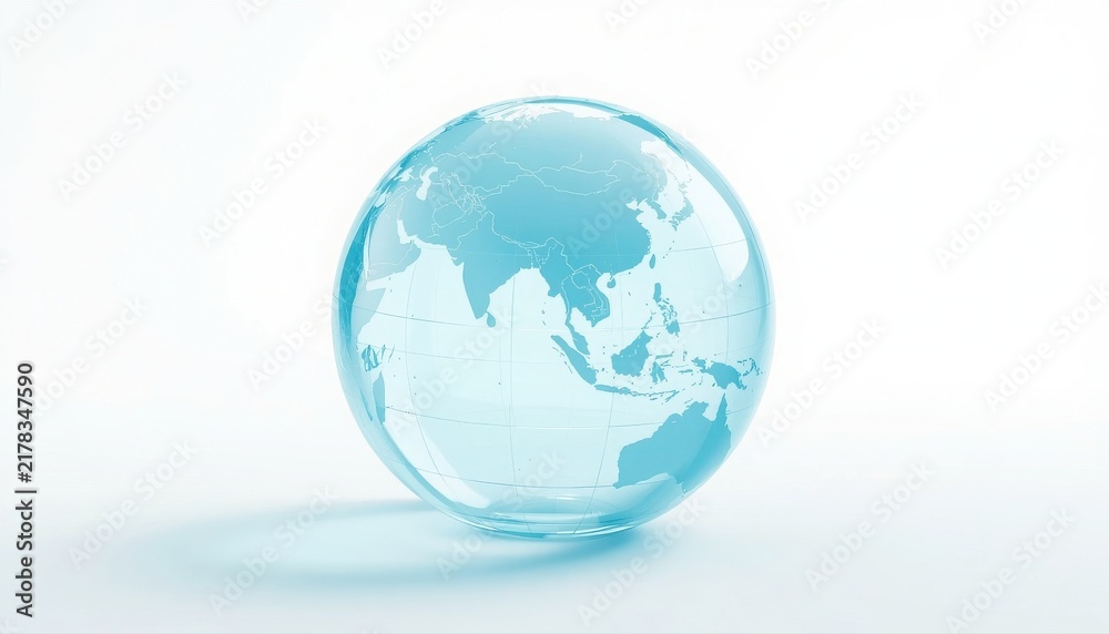 Fototapeta premium Transparent blue glass globe showing asia and australia continent map on white surface with earth globe world map planet earth glass sphere crystal globe earth day white background geography