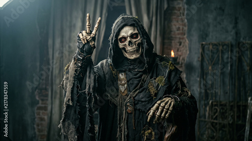 Hooded Halloween skeleton wearing a black robe and terrifying skull mask, posing against a dark studio background while making a peace sign with two fingers, grim reaper costume, skeletal face, spooky