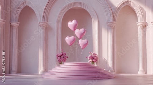 Romantic dreamscape with heart balloons, pink pastel tones, and architectural elegance evoking