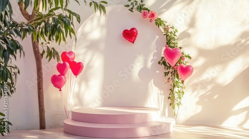 Romantic Valentine's Day scene with heart balloons and floral archway decoration on a sunny pink
