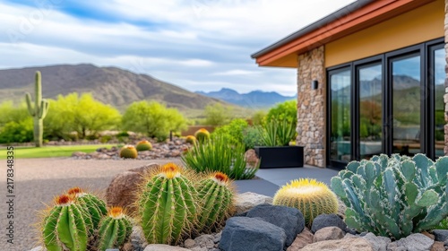 Serene desert dwelling landscape with vibrant cacti and harmonious architectural integration
