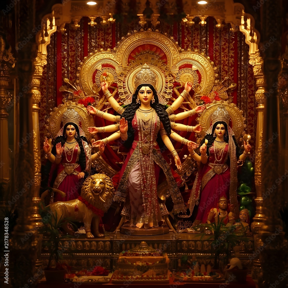 Fototapeta premium Goddess Durga idol with ten arms and lion during Durga Puja festival celebration
