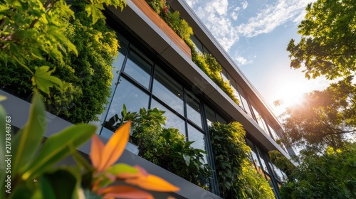 Sustainable architecture featuring a building adorned with green plants and natural sunlight