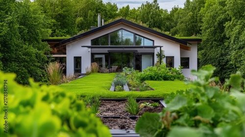 Sustainable contemporary residence with a verdant roof and flourishing garden design features