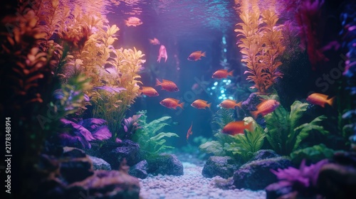 Vibrant aquatic ecosystem with freshwater fish swimming amidst colorful plants and stones in