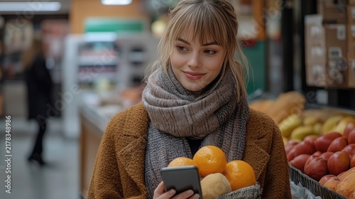 Young woman browsing on her mobile phone while holding a basket of fruits in a grocery store
