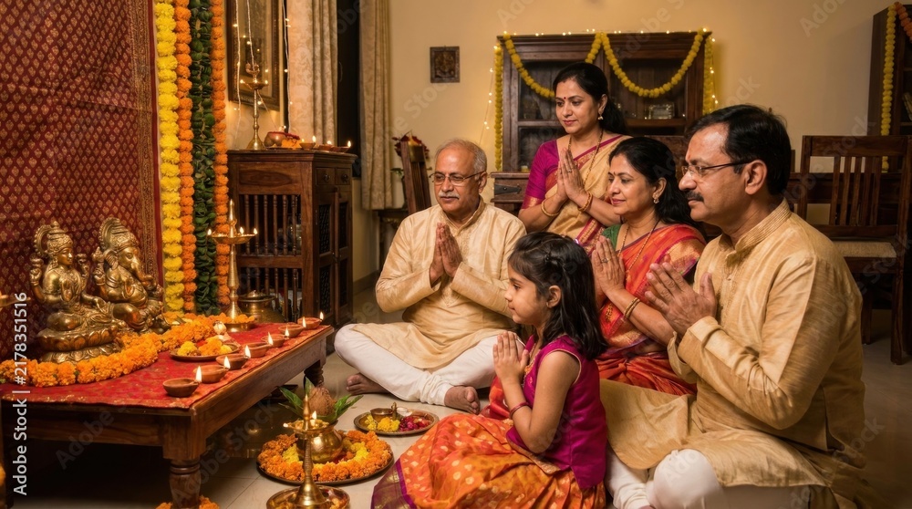 Fototapeta premium An Indian family celebrating a traditional puja festival together at home praying with folded hands before a shrine adorned with lamps and flowers
