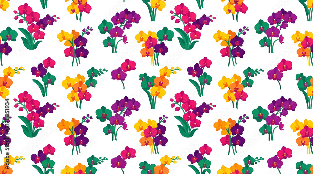 Fototapeta premium Vibrant pink and purple floral sprig repeat pattern.