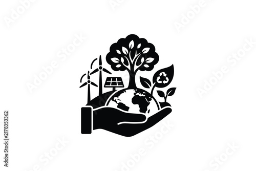 Eco Friendly Green Energy Concept Icon with Earth and Renewable Resources.