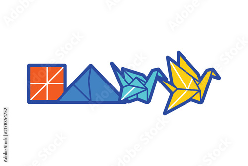 Colorful geometric origami crane design logo.