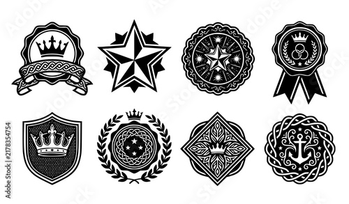 Premium Quality Crown Badge Vector Set with Eight Elegant Ribbons Starbursts Excellence Symbols for Business Marketing Guarantee and Certification