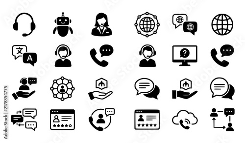 Comprehensive Customer Service Communication Vector Icons with Sixteen Chatbot Support Headset Translation Network and Digital Assistance Concepts