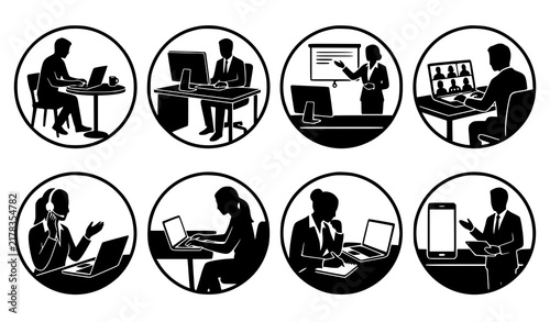 Remote Work Business Silhouette Vector Icon Set with Eight Professionals Using Computers for Freelance Communication Technology Education and Online Work