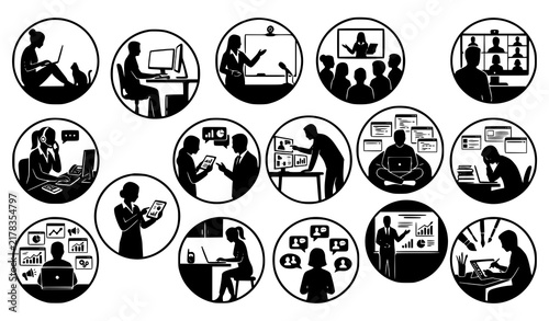 Modern Remote Work Business Silhouette Vector Collection with Sixteen Circular Professionals Using Technology for Freelance Education Communication and Lifestyle