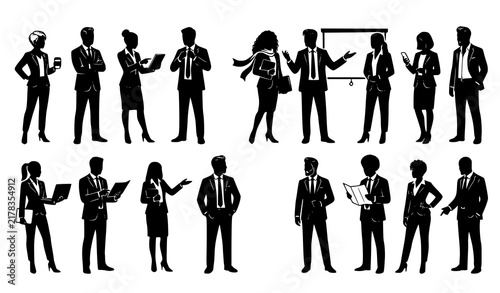 Corporate Business People Silhouette Collection Featuring Twelve Professionals in Formal Suits for Teamwork Leadership Management and Workplace Culture