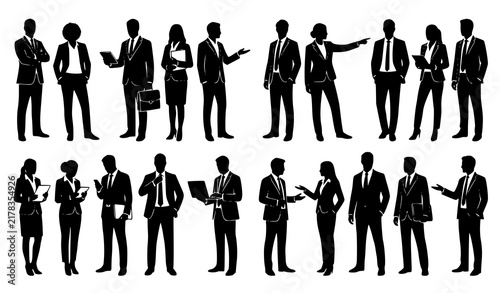 Professional Corporate Team Silhouette Vector Collection with Sixteen Diverse Business People in Suits for Leadership Management Workplace and Company Culture