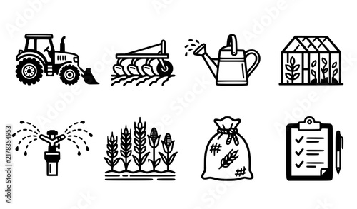 Agriculture Farming Equipment Vector Icon Set with Eight Rural Cultivation Irrigation Greenhouse and Agricultural Business Symbols for Farm Designs