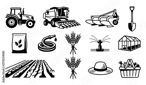 Modern Agriculture Farming Line Icon Collection Featuring Twelve Cultivation Irrigation Equipment Greenhouse and Rural Business Symbols for Farm Design