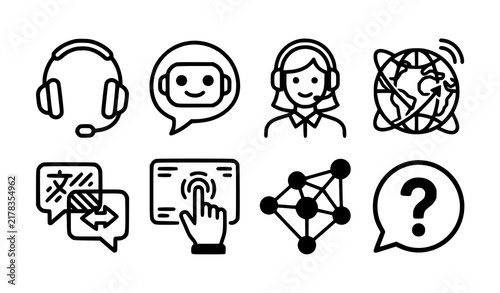 Customer Service Chatbot Communication Vector Icon Set with Eight Support Headset Translation Network and Digital Assistance Symbols