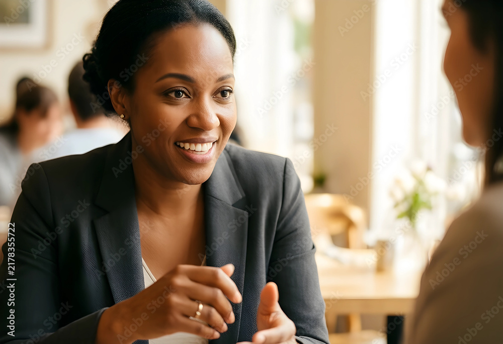 Obraz premium Corporate collaboration and professional networking, smiling african american businesswoman having a business meeting with a colleague in a bright cafe