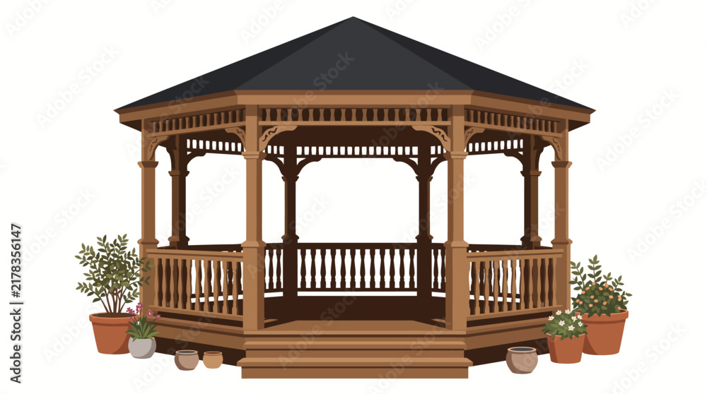 Fototapeta premium Classic Octagonal Wooden Garden Gazebo with Decorative Railings Pitched Roof and Timber Columns, Elegant Outdoor Architecture Vector Illustration