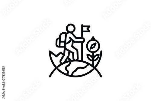 Eco hiking icon with person on globe and flag.