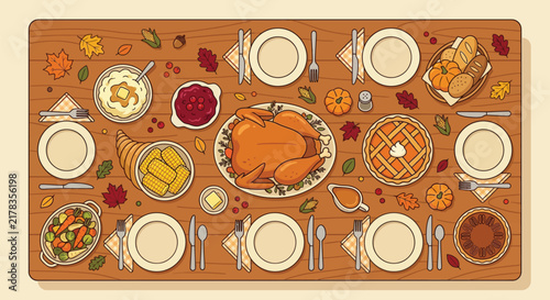 Thanksgiving dinner feast on wooden table vector illustration
