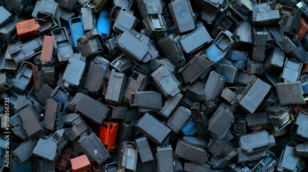 Fototapeta premium Dense pile of discarded black plastic electronic components and printer ink cartridges, representing electronic waste and environmental pollution.