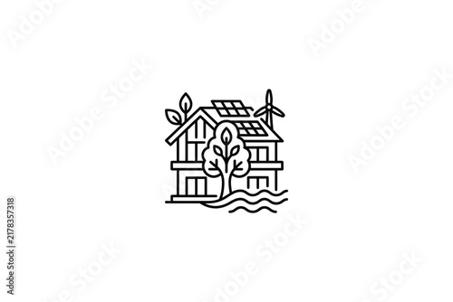 Eco house icon with solar roof and wind turbine.