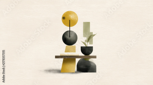 Abstract geometric sculpture minimal modern design analog nostalgia halftone grainy print art shape circle rectangle yellow black green plant