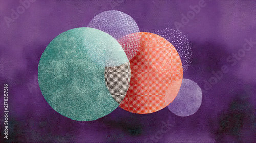 Abstract design with overlapping circles in green and orange hues on purple background featuring analog halftone grainy print for nostalgia