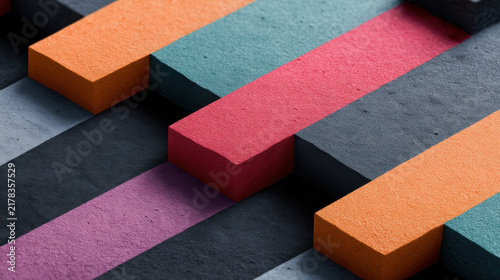 Abstract design with colorful textured blocks creating grainy analog print effect and halftone style evoking nostalgia in modern composition
