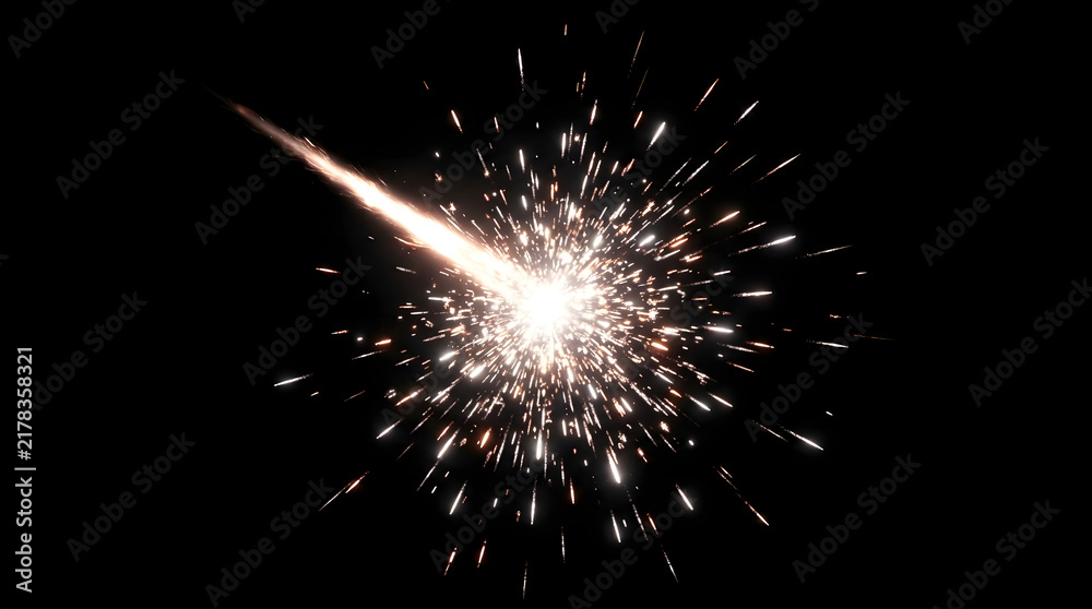 Obraz premium A bright burning sparkler firework isolated on a deep black background creating a beautiful explosion of golden light particles for festive holiday celebration themes