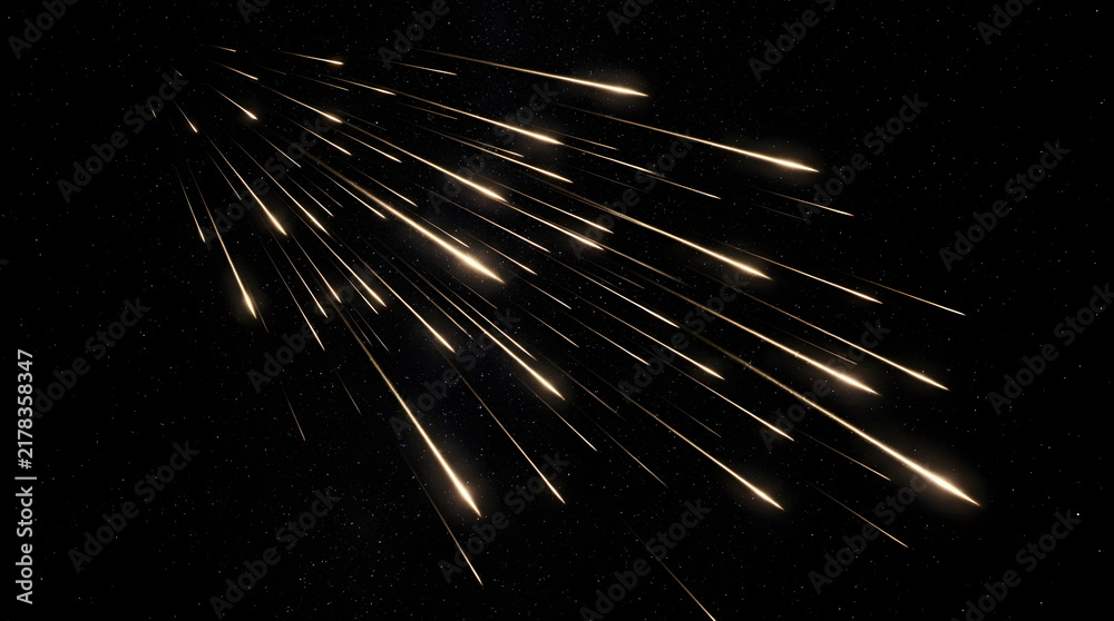 Fototapeta premium A stunning view of a bright meteor shower streaking across the deep dark night sky with many glowing golden light trails and distant stars