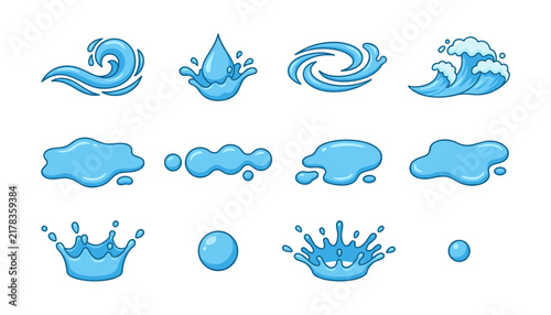 Collection of water droplet and wave icons in blue color Vector