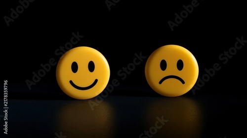 Happy and Sad Smiley Faces on a Black Background Representing Different Emotions and Mental Health States