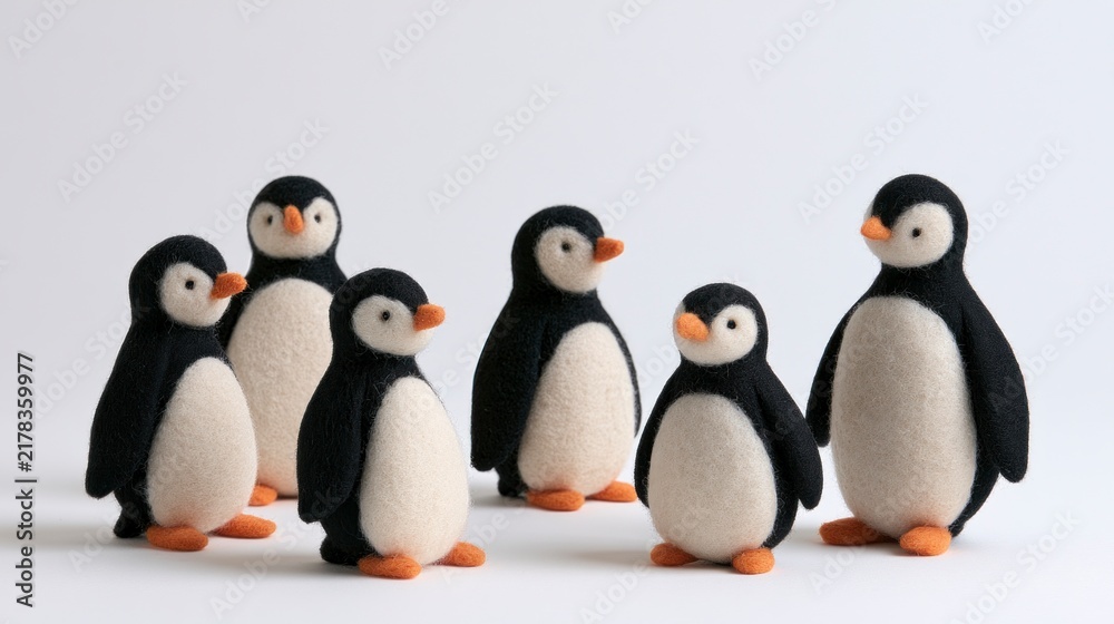 Obraz premium Group of Six Handcrafted Needle Felted Penguins Isolated on a White Background