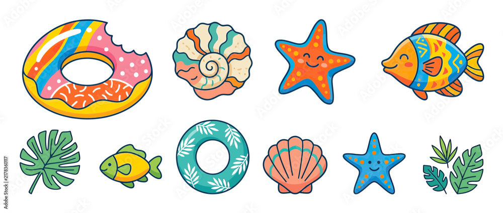 Fototapeta premium Cute Summer Beach Elements Collection Isolated